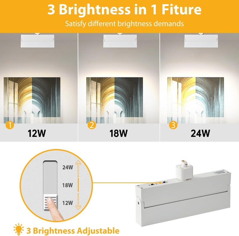 VANoopee 3-Color 3-Wattage Dimmable LED Track Lighting Heads H Type Track Light Heads Modern Ceiling Spotlight Fixtures for Kitchen Wall Art, 3000K 4000K 5000K, Flicker Free 100° CRI90+ White 24W - Image 3